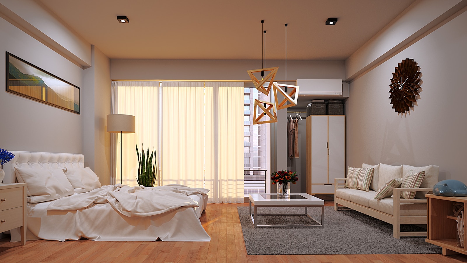 Kamar apartemen studio dengan tempat tidur sofa dan jendela besar